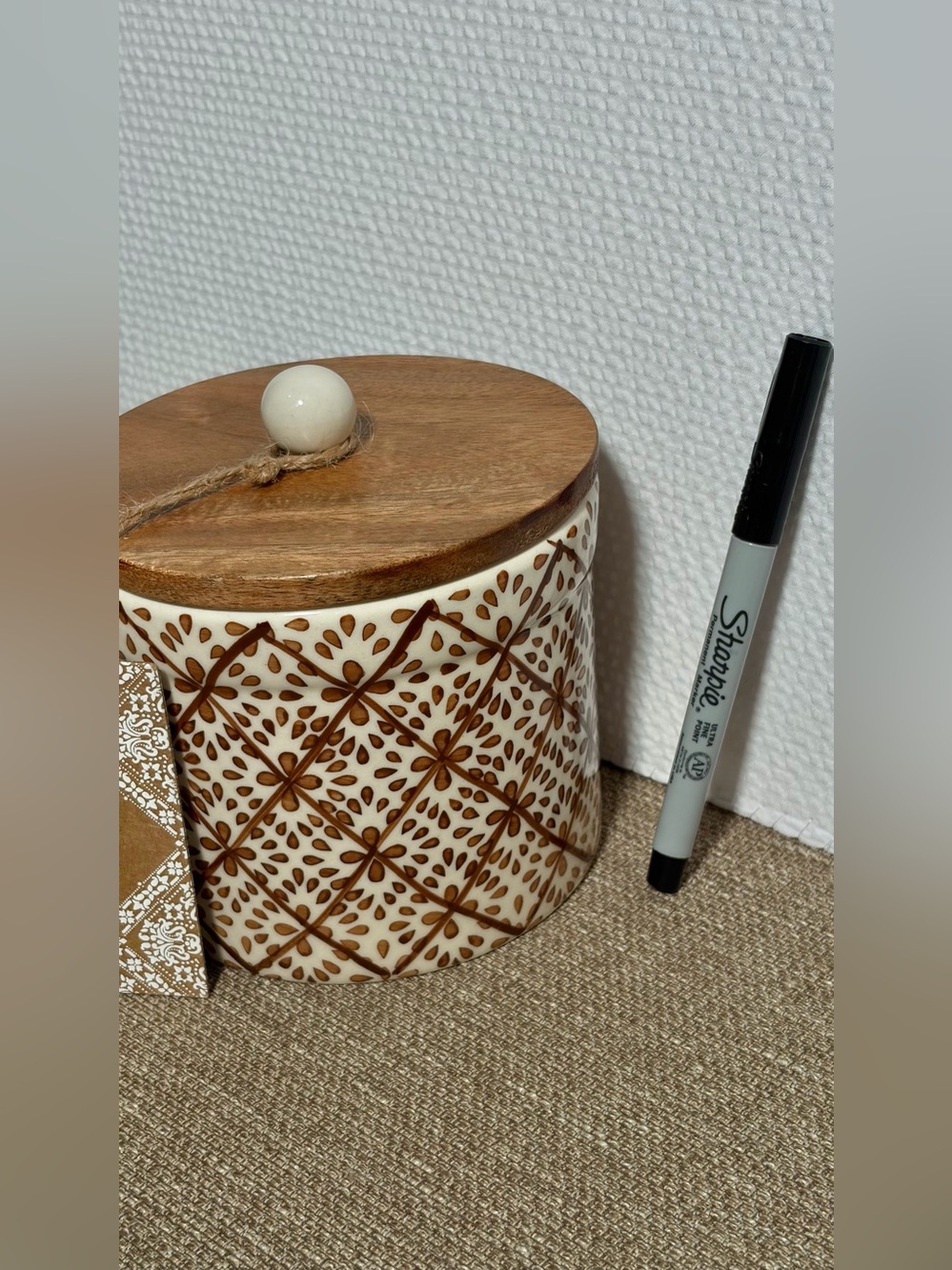 Ceramic Jar with Wood Lid - Hand-Painted Brown & Cream - Picture 8 of 8